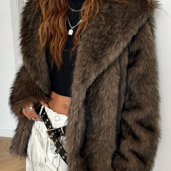 Brown Casual Women's Solid Color Long-Sleeved Open-Front Loose Faux Fur Coat - Picture 4 of 6